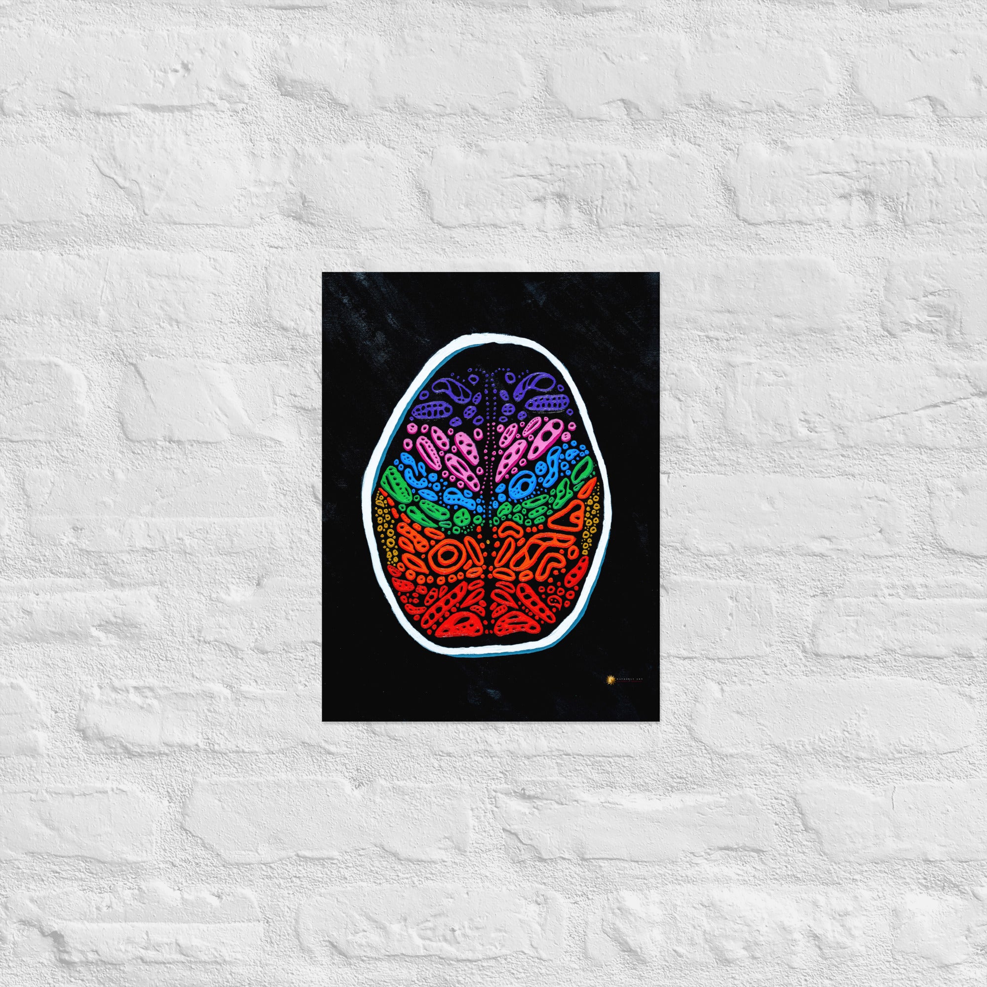 Secondary wall mockup of ‘Penumbra Painting No. 2’ 12×16 fine art print—multicolor abstract brain artwork centered on white brick wall; minimalist styling highlights museum-quality matte paper and striking gallery aesthetic. Nicholas Hayes art.