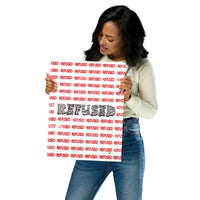 Black woman holding the ‘Refused’ 12x16 fine art print to show true scale—bold black and red typography design on premium matte paper, perfect rebellious accent for studio, bedroom, or office wall.