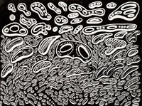 An abstract painting with a black background and white 3D shapes that look like cells or molecules by Nicholas Hayes, a Chicago based emerging artist. 