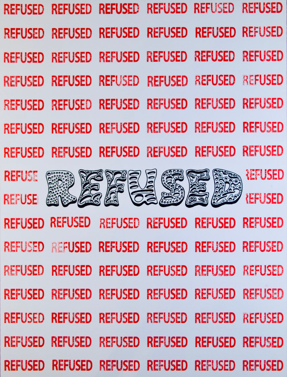 An acrylic painting of the word 'refused' by Chicago optical illusion artist Nicholas Hayes. Angled close view of ‘Refused’. Nicholas Hayes original 18×24 acrylic on heavyweight canvas paper, crisp edges and visible surface texture. Contemporary collectible artwork, ready-to-hang presentation ideal for statement gallery walls and modern interiors.
