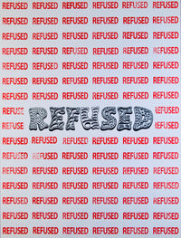 An acrylic painting of the word 'refused' by Chicago optical illusion artist Nicholas Hayes. Angled close view of ‘Refused’. Nicholas Hayes original 18×24 acrylic on heavyweight canvas paper, crisp edges and visible surface texture. Contemporary collectible artwork, ready-to-hang presentation ideal for statement gallery walls and modern interiors.