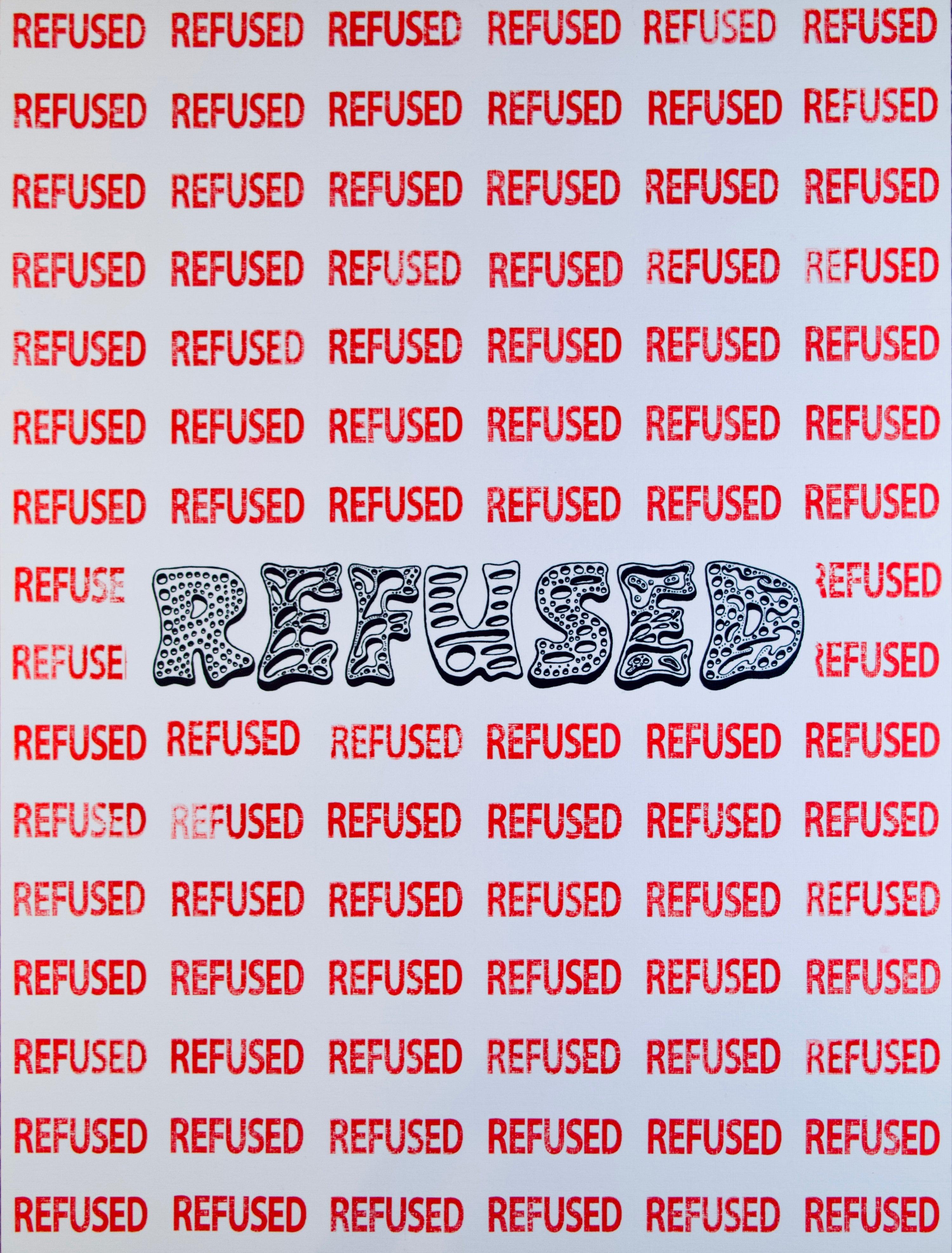 An acrylic painting of the word 'refused' by Chicago optical illusion artist Nicholas Hayes. Angled close view of ‘Refused’. Nicholas Hayes original 18×24 acrylic on heavyweight canvas paper, crisp edges and visible surface texture. Contemporary collectible artwork, ready-to-hang presentation ideal for statement gallery walls and modern interiors.