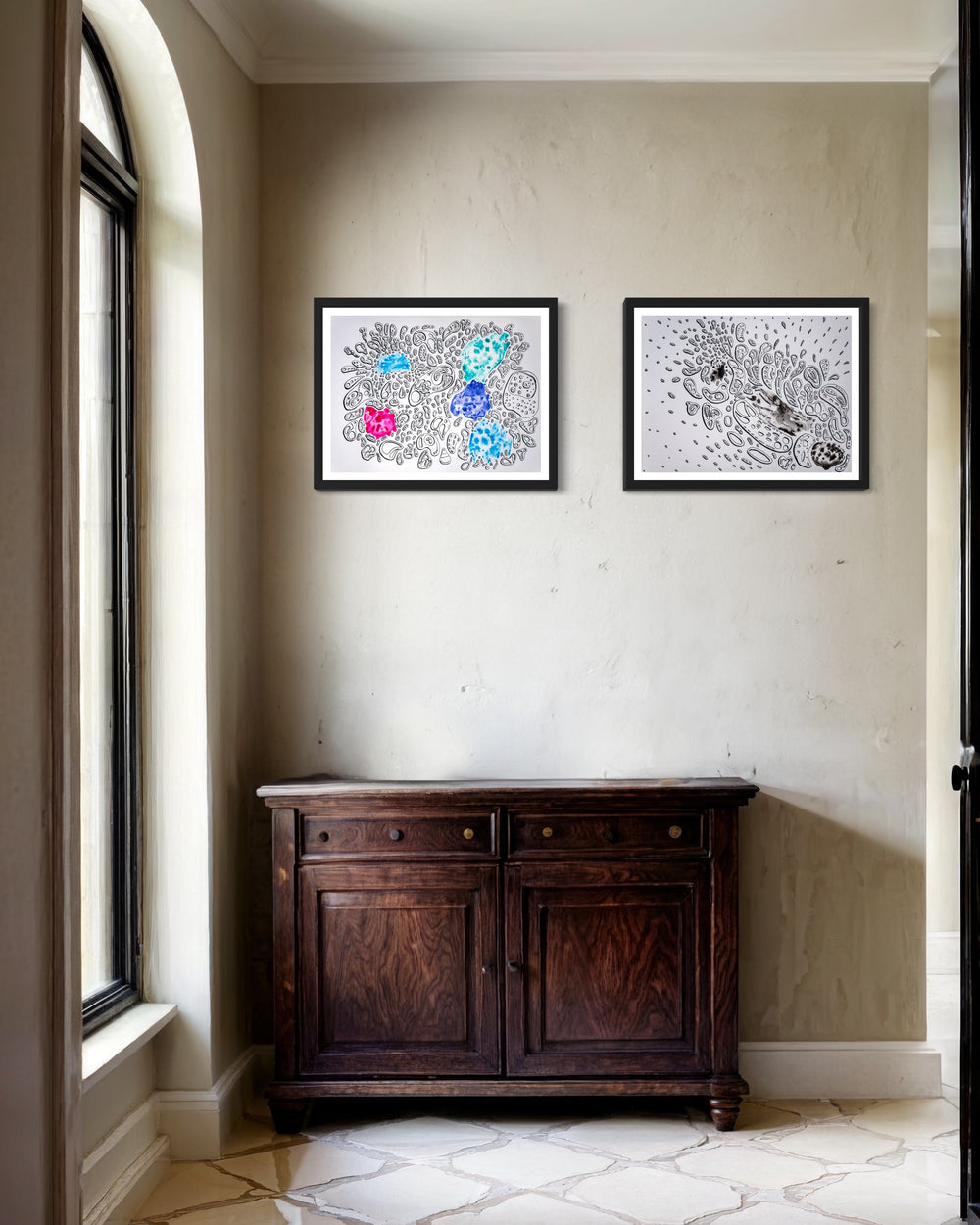 Interior mockup showing ‘The Magical Smile’ framed diptych by Nicholas Hayes. Two 18×24 acrylic panels on heavyweight canvas paper, hung side-by-side above a wooden sideboard to illustrate modern scale, spacing, and ready-to-hang presentation.