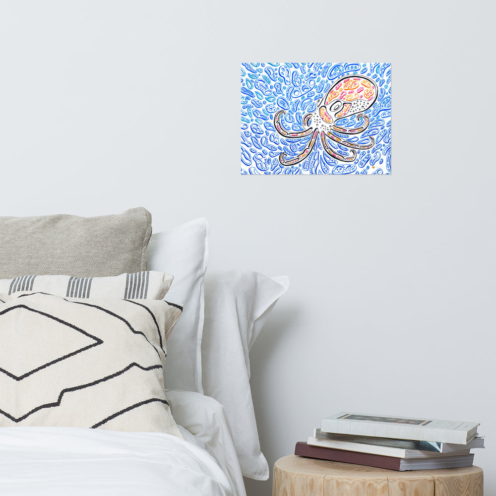 Bedroom wall mockup showing “The Octopus” fine art print by Nicholas Hayes.  Psychedelic octopus with trippy blue abstract water motifs, museum-quality matte paper, 12×16 inches; modern ocean wall art styled above pillows and nightstand for cozy, minimalist décor.