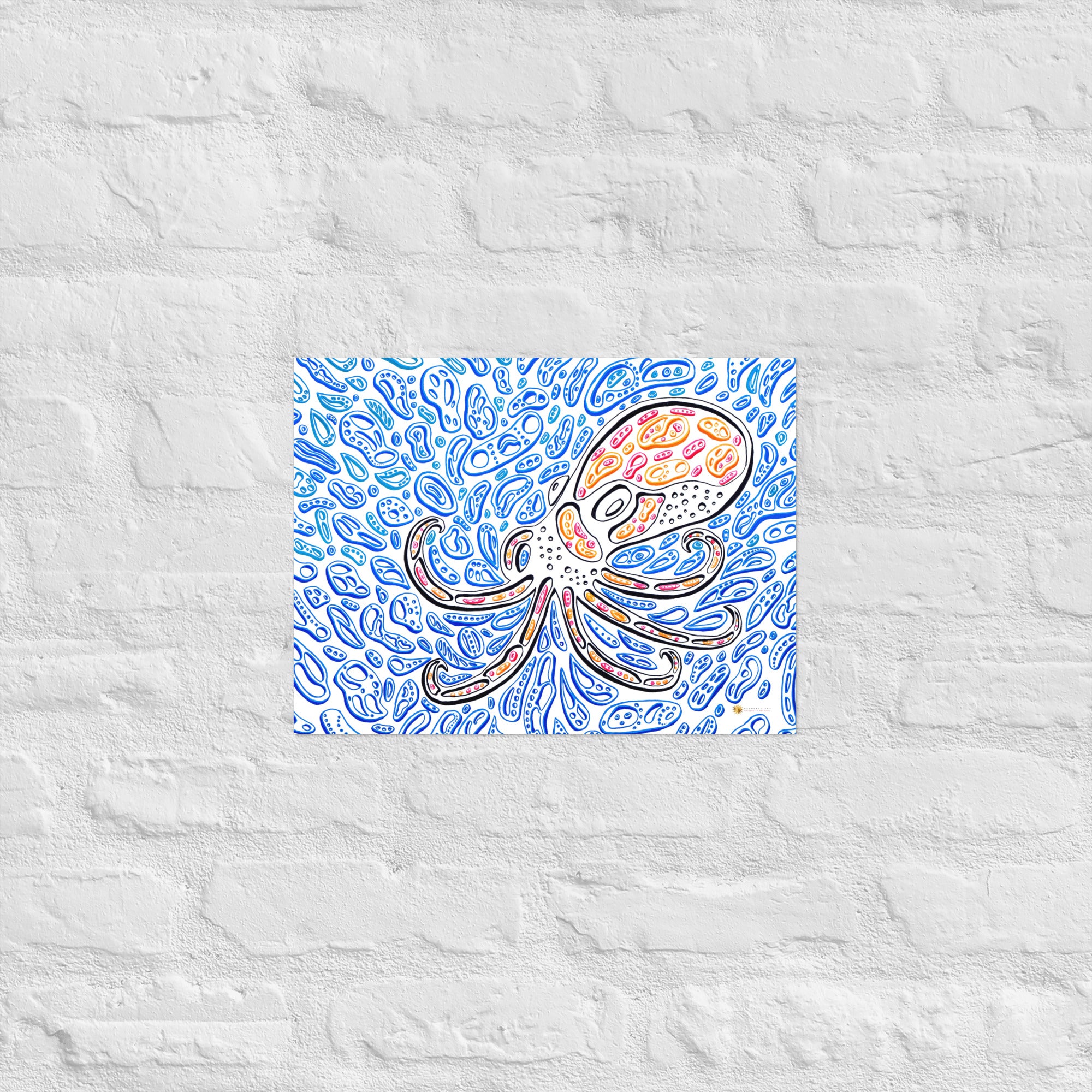 Print displayed on white brick wall: “The Octopus” fine art print by Nicholas Hayes. Trippy psychedelic octopus with blue abstract water shapes; 12×16 inches on museum-quality matte paper, ideal ocean art focal point for contemporary interiors.