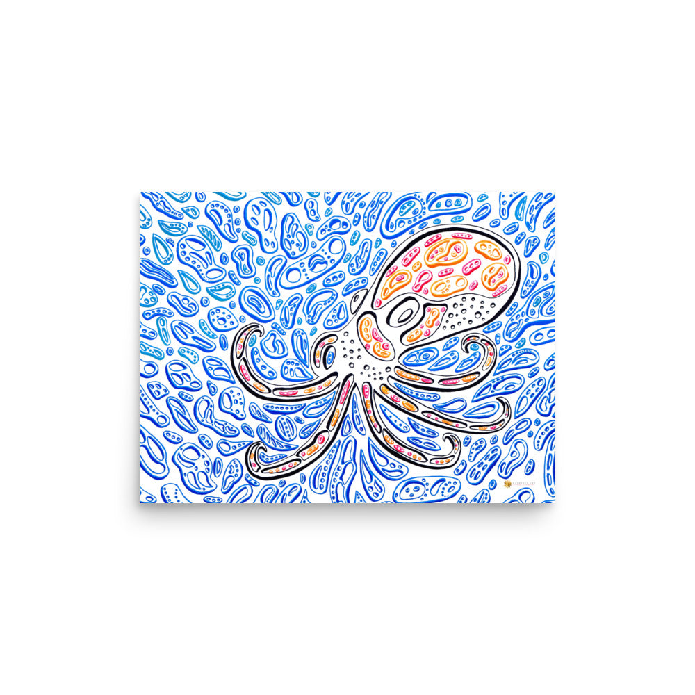 Front view on white background of “The Octopus” fine art print. multicolor octopus over layered blue op-art shapes; museum-quality thick matte paper, 12×16 inches; contemporary ocean artwork by Chicago artist Nicholas Hayes for living room or studio gallery walls.
