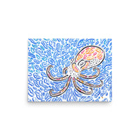 Front view on white background of “The Octopus” fine art print. multicolor octopus over layered blue op-art shapes; museum-quality thick matte paper, 12×16 inches; contemporary ocean artwork by Chicago artist Nicholas Hayes for living room or studio gallery walls.