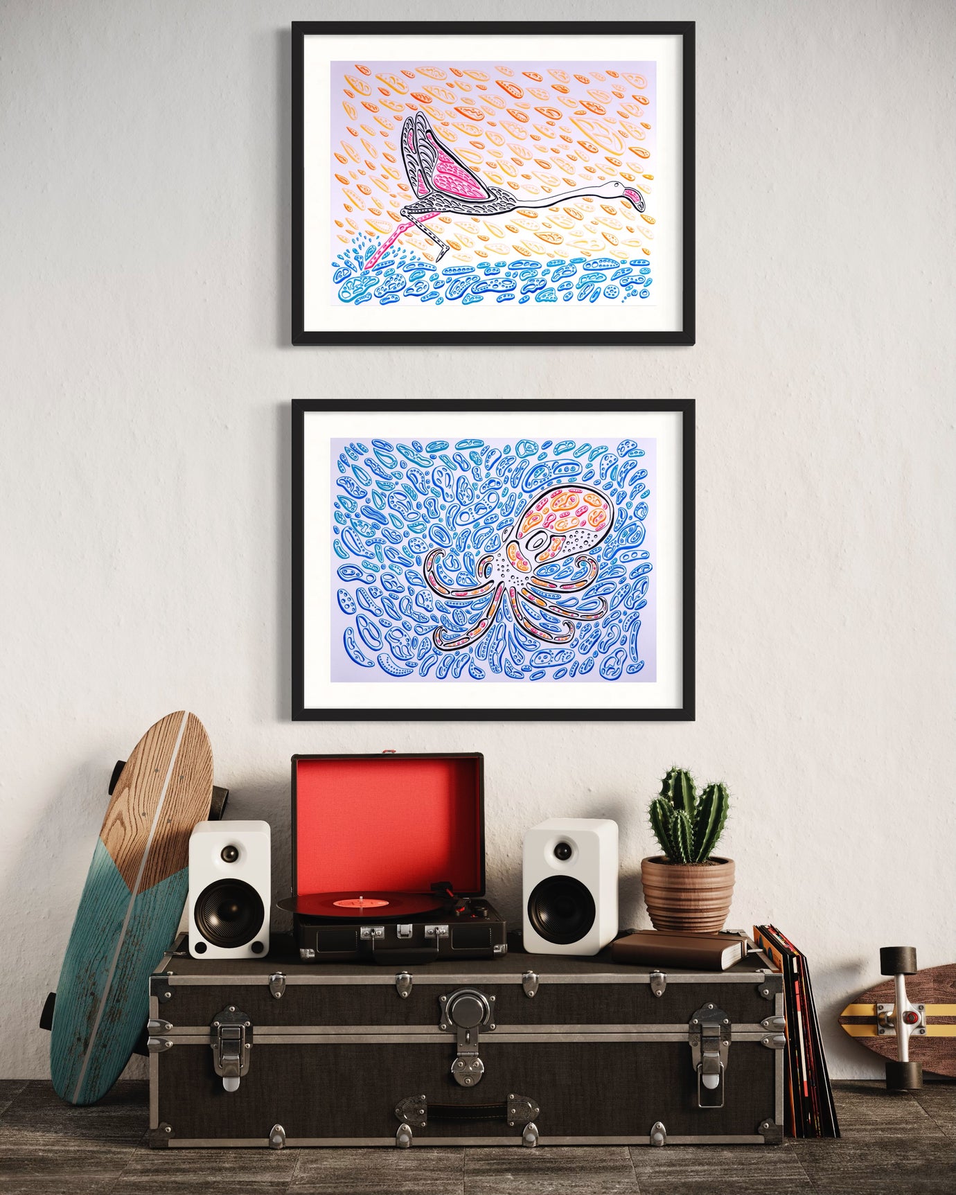 two paintings hung directly above each other by artist Nicholas Hayes. one painting is of a flamingo.  The other painting is of an Octopus in the Optical illusion art style, op art. blue and pink and yellow shapes.