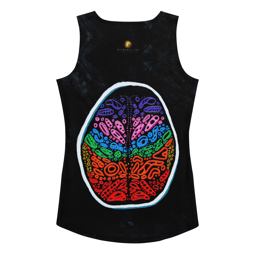 Flat-lay back view of the Penumbra Painting No. 2 tank with full-coverage abstract print; shows length and hem shape, emphasizing soft handfeel and recovery of the stretchy activewear fabric. Art by optical artist Nicholas Hayes.