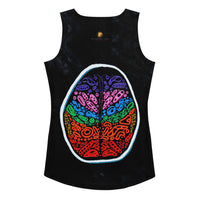 Flat-lay back view of the Penumbra Painting No. 2 tank with full-coverage abstract print; shows length and hem shape, emphasizing soft handfeel and recovery of the stretchy activewear fabric. Art by optical artist Nicholas Hayes.