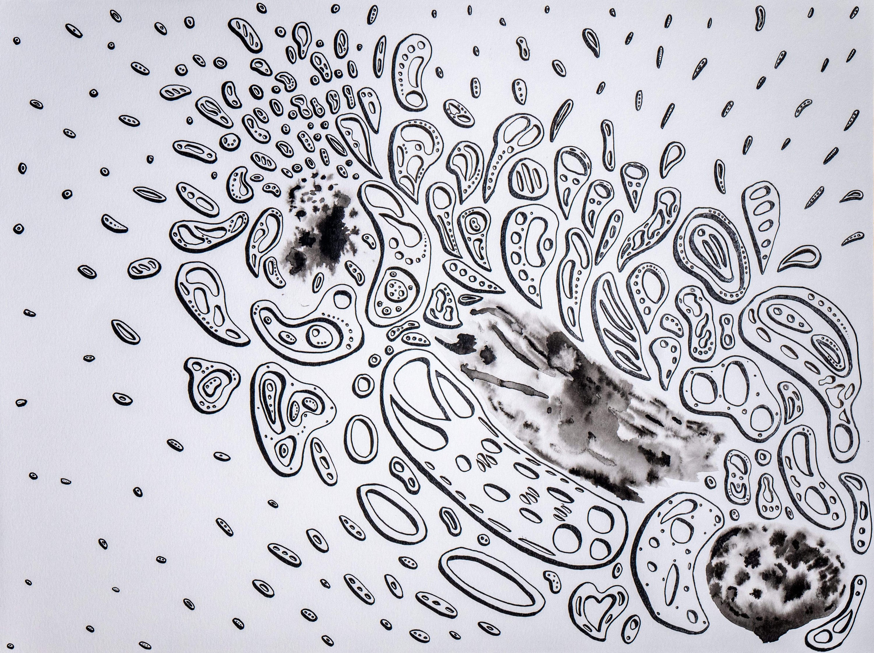 Close view of the right panel from ‘The Magical Smile’ by Chicago artist Nicholas Hayes. Monochrome, black and white acrylic on heavyweight canvas paper by Nicholas Hayes, featuring flowing abstract forms, stippled motifs, and dynamic ink washes within a black frame. mitochondria shapes; cellular art.