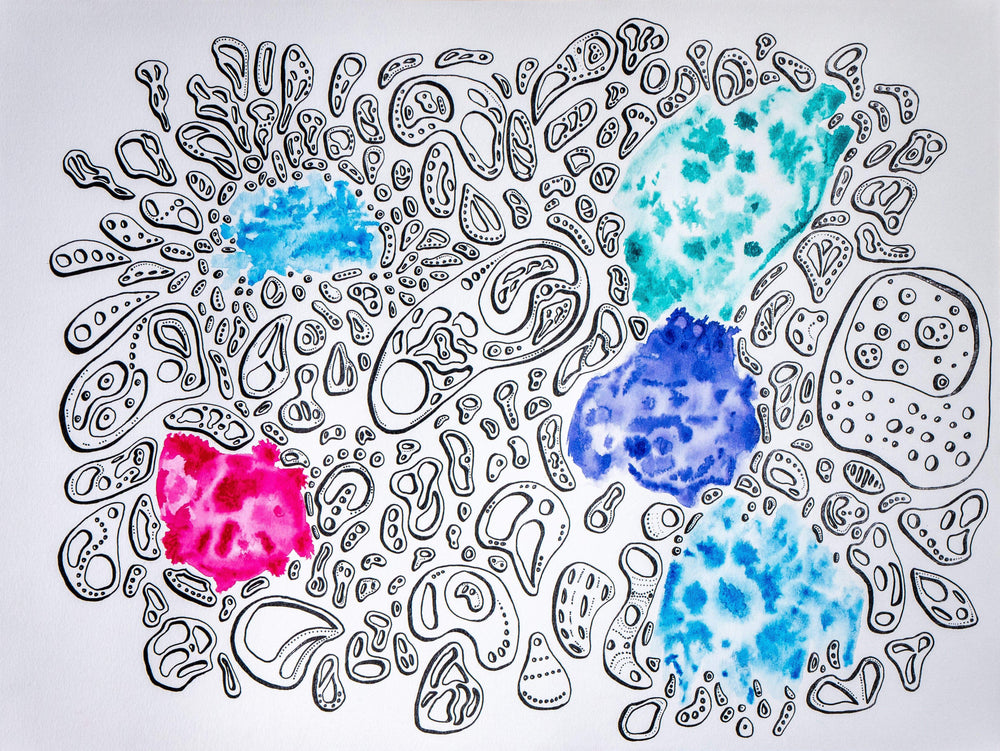 Close view of the left panel from ‘The Magical Smile’ by Chicago artist Nicholas Hayes original acrylic on heavyweight canvas paper with black framed finish; intricate abstract linework surrounds vivid cyan, teal, ultramarine, and magenta color fields. trippy black mitochondria shapes on a white background. 