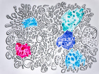 Close view of the left panel from ‘The Magical Smile’ by Chicago artist Nicholas Hayes original acrylic on heavyweight canvas paper with black framed finish; intricate abstract linework surrounds vivid cyan, teal, ultramarine, and magenta color fields. trippy black mitochondria shapes on a white background. 