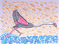 A painting of a black, pink, and white flamingo.  There are colorful shapes of yellow, black, pink, orange, and blue.  optical illusion art by Nicholas Hayes.  op art.