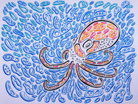 an optical illusion of an octopus.  the shapes are black, red, orange, and blue.  Op art by Nicholas Hayes.  Optical artist. Octopus design, nautical design. water shapes.