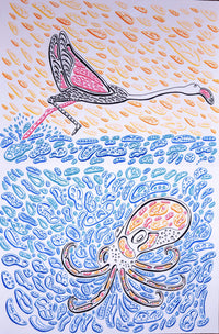 a painting by Nicholas Hayes of a pink and black flamingo above a black, red, and orange octopus in the blue water and a yellow sky.  The design is of various shapes that make an optical illusion art. op art. optical art.