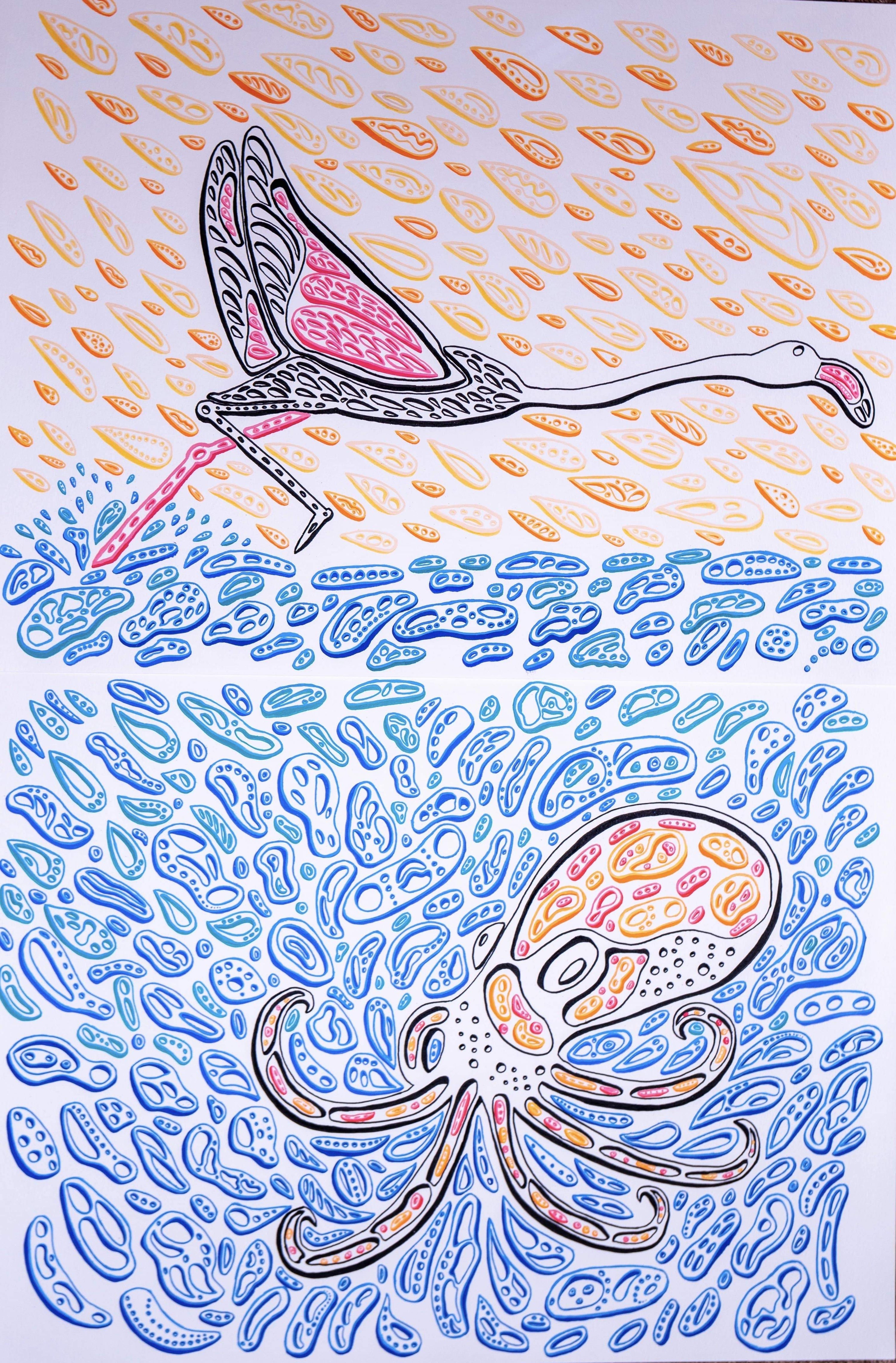 a painting by Nicholas Hayes of a pink and black flamingo above a black, red, and orange octopus in the blue water and a yellow sky.  The design is of various shapes that make an optical illusion art. op art. optical art.